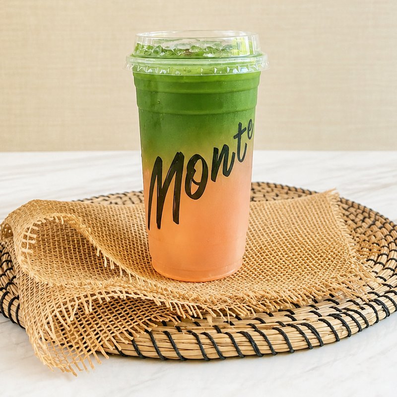 Hibiscus Collagen & Lychee Matcha มัทฉะไล่ชั้นลงกระเจี๊ยบสีชมพู ในแก้ว Monte’s Cup